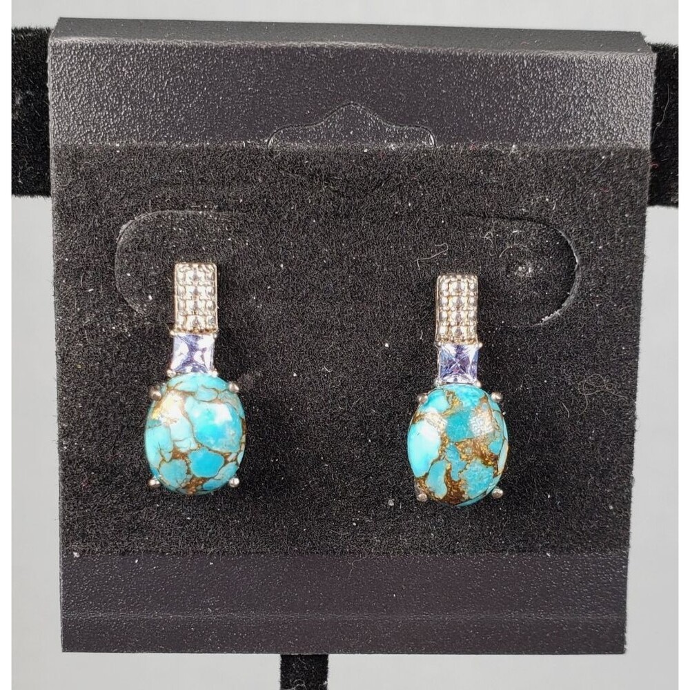 VTG Signed STS 925 Mojave Blue Tourquoise with Amethyst Stud SilverTone Earrings